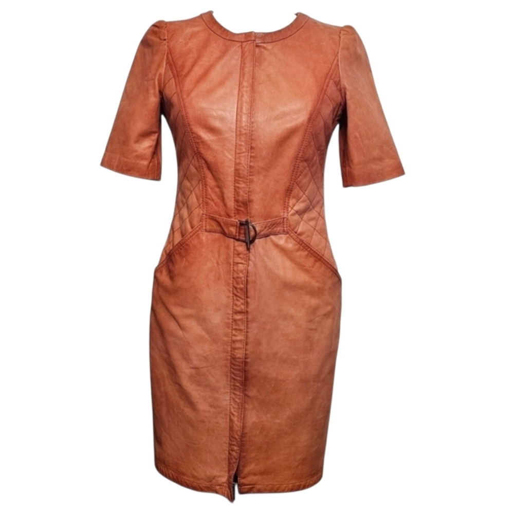 Vintage Caroline Biss Real Leather Short Sleeve Pockets Mobwife  Dress Sz 36 (S)
